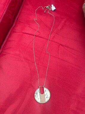 Anthropologie White Marble-Effect Round Pendant Necklace with Gold Accent